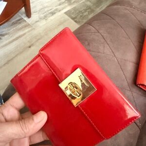 Salvatore Ferragamo Red Patent Leather Compact Wallet with Gold Turnlock
